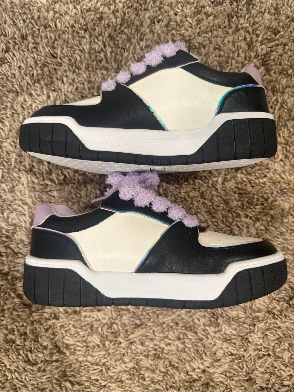 The Children's Place Black & White Kids Sneakers with Lilac Fuzzy Laces